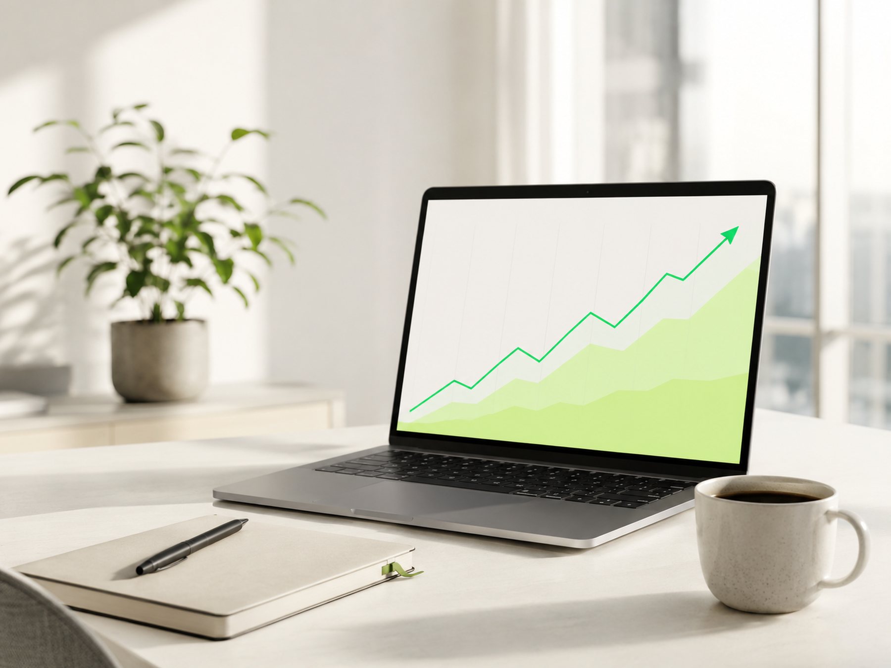 Business finance planning — a laptop showing an upward growth chart on a bright desk