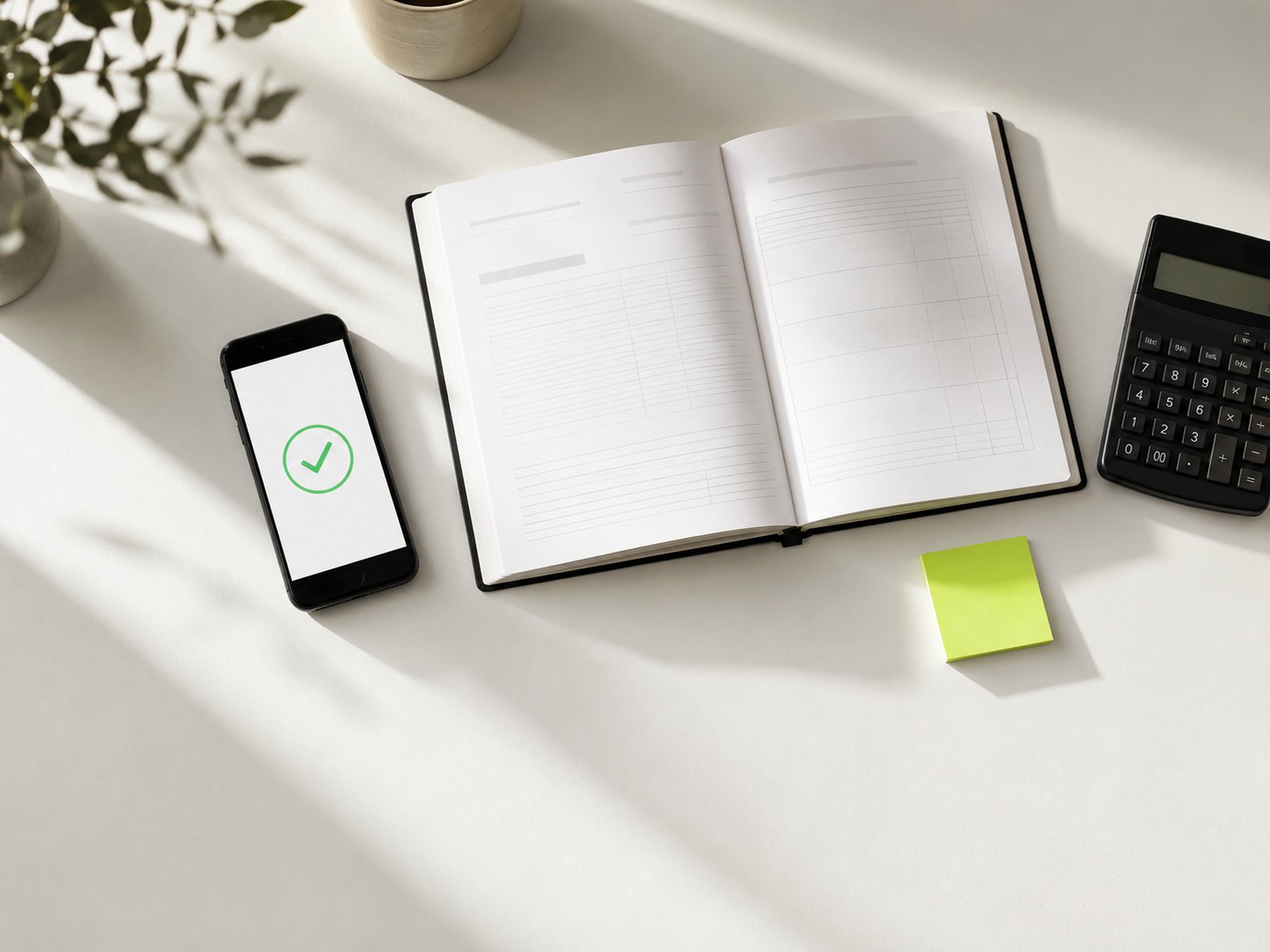 GST registration, returns and reconciliation — ledger, filing confirmation and calculator on a desk