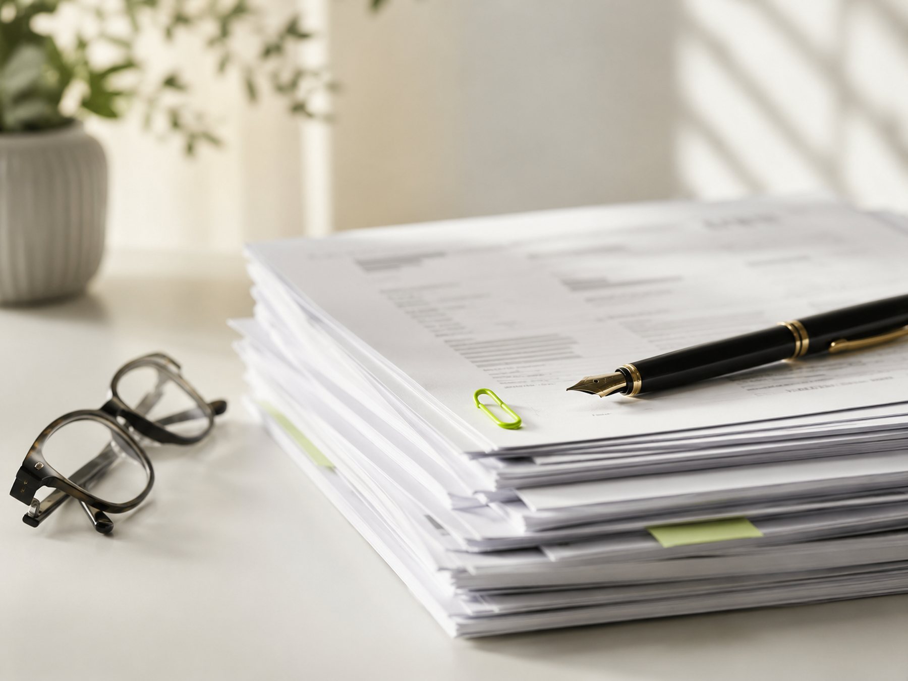 Income tax return filing and planning — a stack of tax documents with a fountain pen