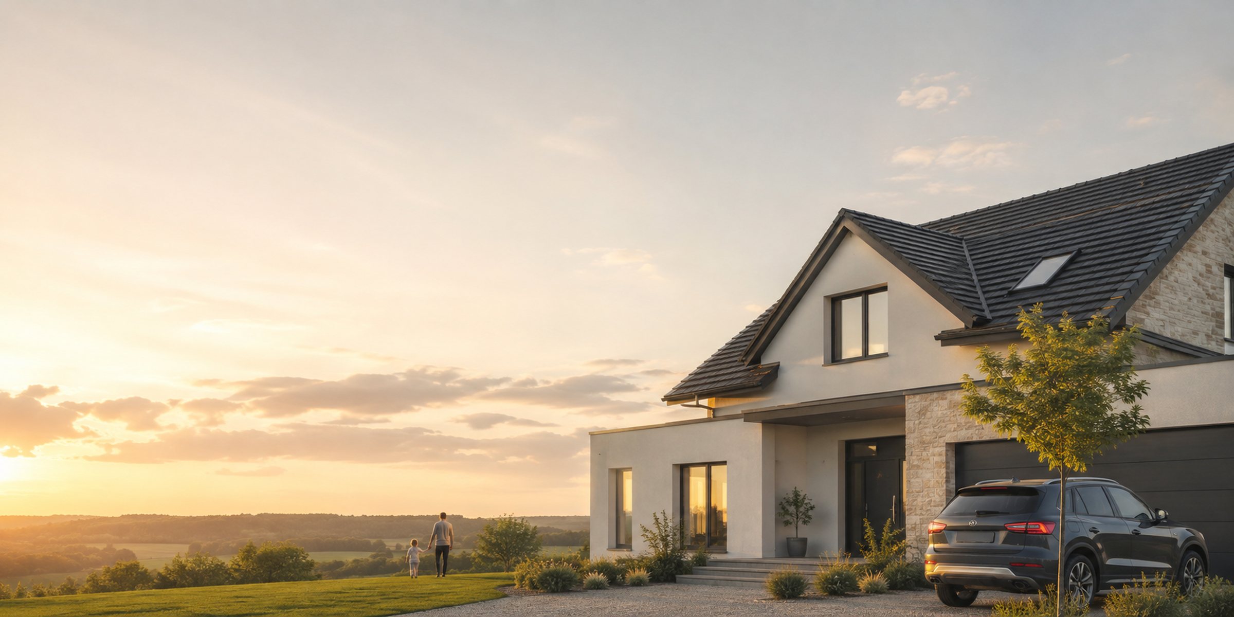 A family home at golden hour with a car in the driveway